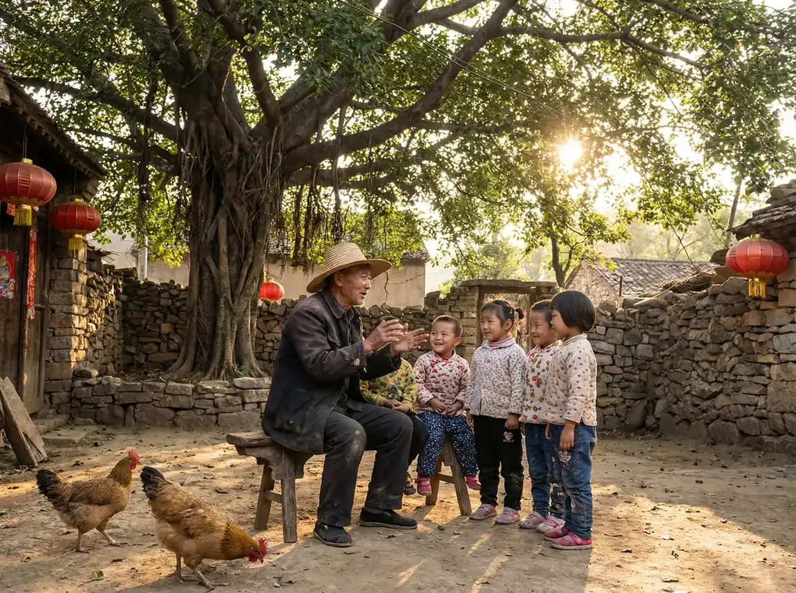 老人在大榕树下给孩子们讲故事 - 一级特黄爽大片刺激 乡村记忆